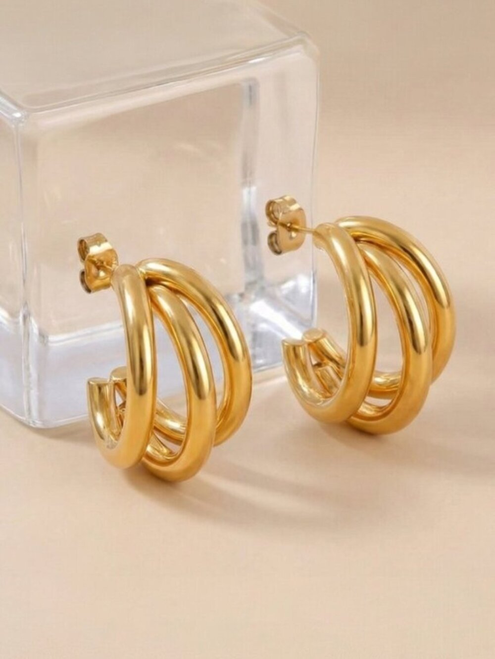 18K Gold Plated Stainless Steel Triple C-Hoop Earrings Modern Layered Studs 0.8"